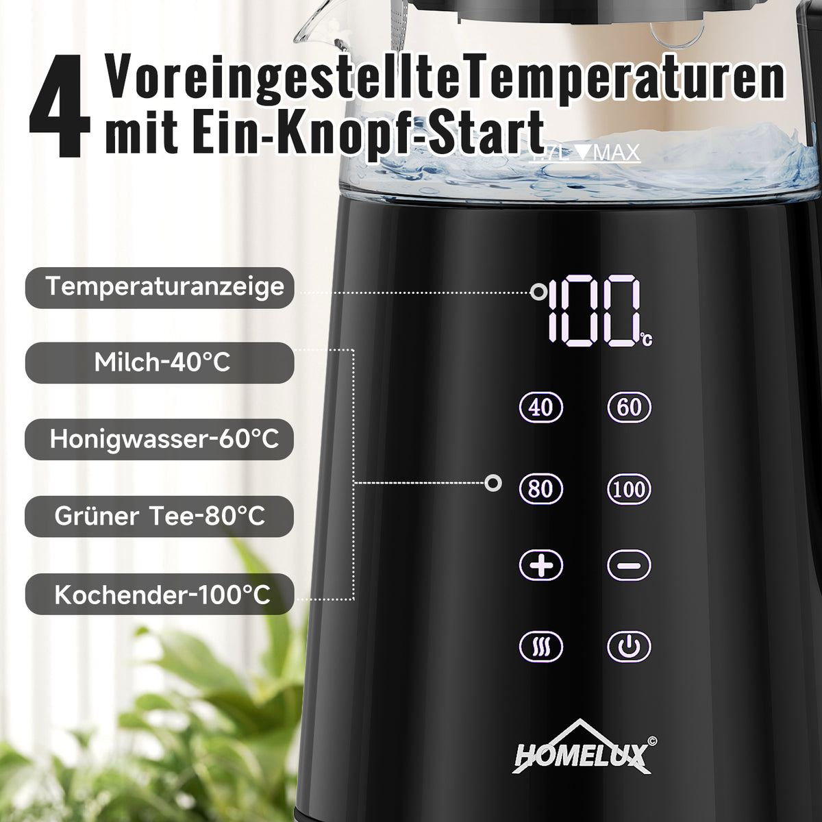 Wasserkocher Glas 2in1 Teekocher Edelstahl 2200W Teebereiter mit 4 Temperatureinstellungen 1,7L mit Warmhaltefunktion, Teetrichter