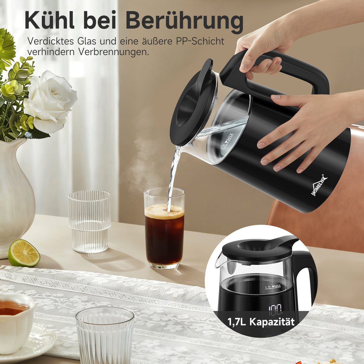 Wasserkocher Glas 2in1 Teekocher Edelstahl 2200W Teebereiter mit 4 Temperatureinstellungen 1,7L mit Warmhaltefunktion, Teetrichter