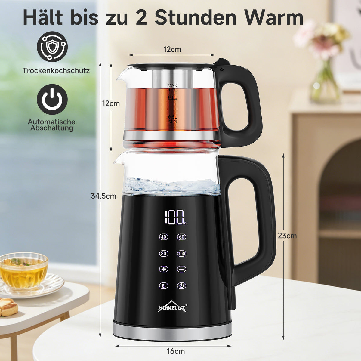 Wasserkocher Glas 2in1 Teekocher Edelstahl 2200W Teebereiter mit 4 Temperatureinstellungen 1,7L mit Warmhaltefunktion, Teetrichter
