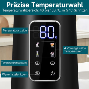 HOMELUX Digitaler Wasserkocher 1,7L mit Temperatureinstellung 40-100°C, 2200W, 100% Edelstahl Innen, Cool-Touch & Warmhaltefunktion