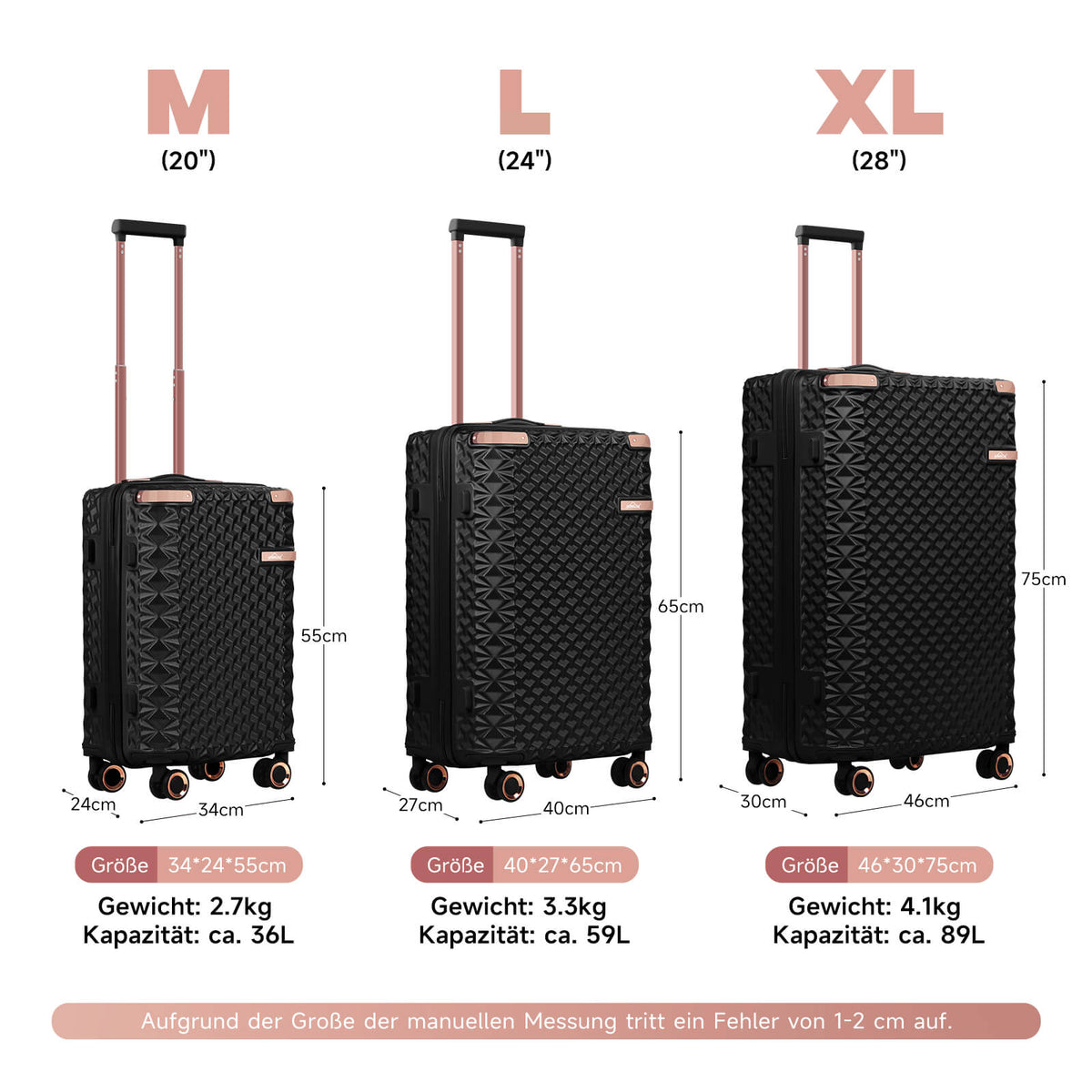 HOMELUX 3-teiliges Kofferset , Hartschalen-Reisekoffer, Leicht, ABS, Trolley-Rollkoffer, M-L-XL Hartschalenkoffer-Set