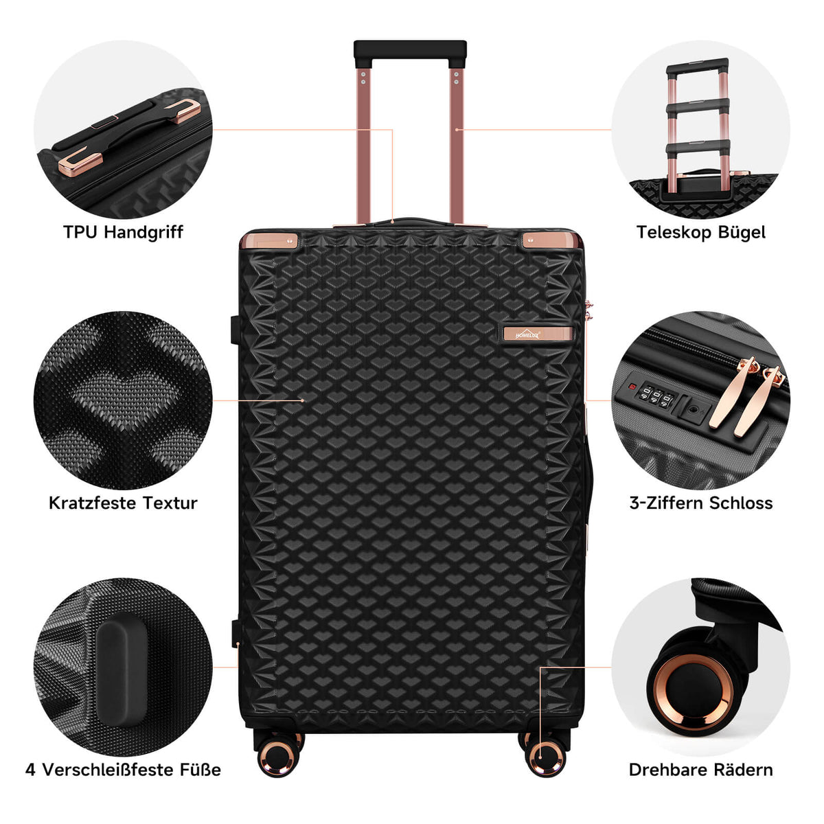 HOMELUX 3-teiliges Kofferset , Hartschalen-Reisekoffer, Leicht, ABS, Trolley-Rollkoffer, M-L-XL Hartschalenkoffer-Set