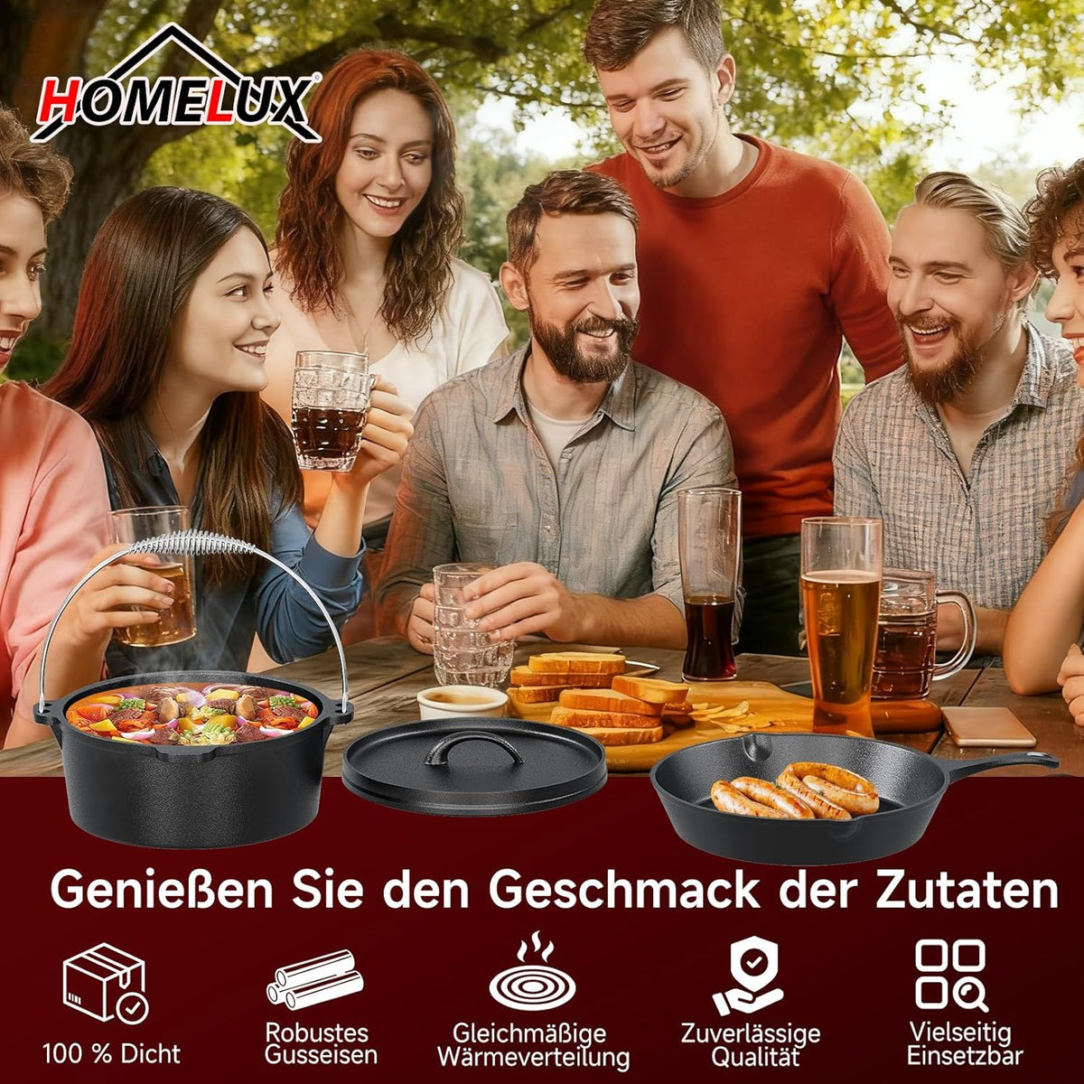 Topf-Set 10-tlg. Dutch Oven Set in Holzkiste Kochtopf Grillplatte Stieltopf Einsetzbar auf Gas Induktionsherden, offenen Flammen und Backöfen