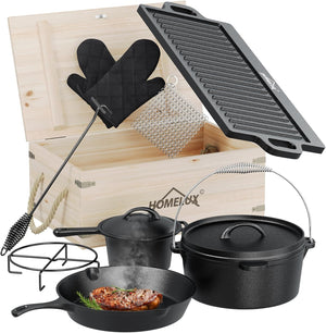 Topf-Set 10-tlg. Dutch Oven Set in Holzkiste Kochtopf Grillplatte Stieltopf Einsetzbar auf Gas Induktionsherden, offenen Flammen und Backöfen