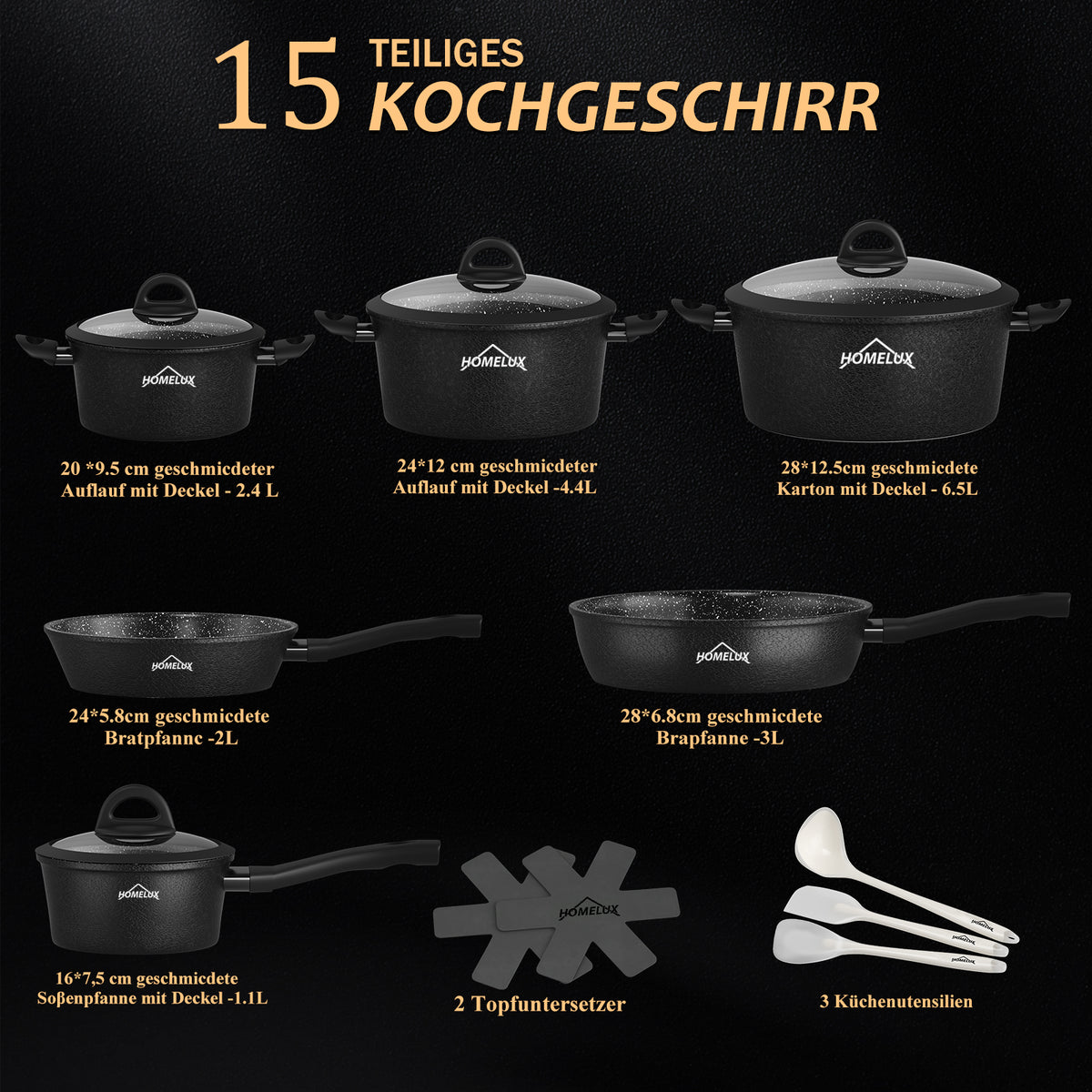 HOMELUX 15-tlg. Kochgeschirr-Set: Induktion & Backofenfest, inklusive Profi-Töpfe & Pfannen