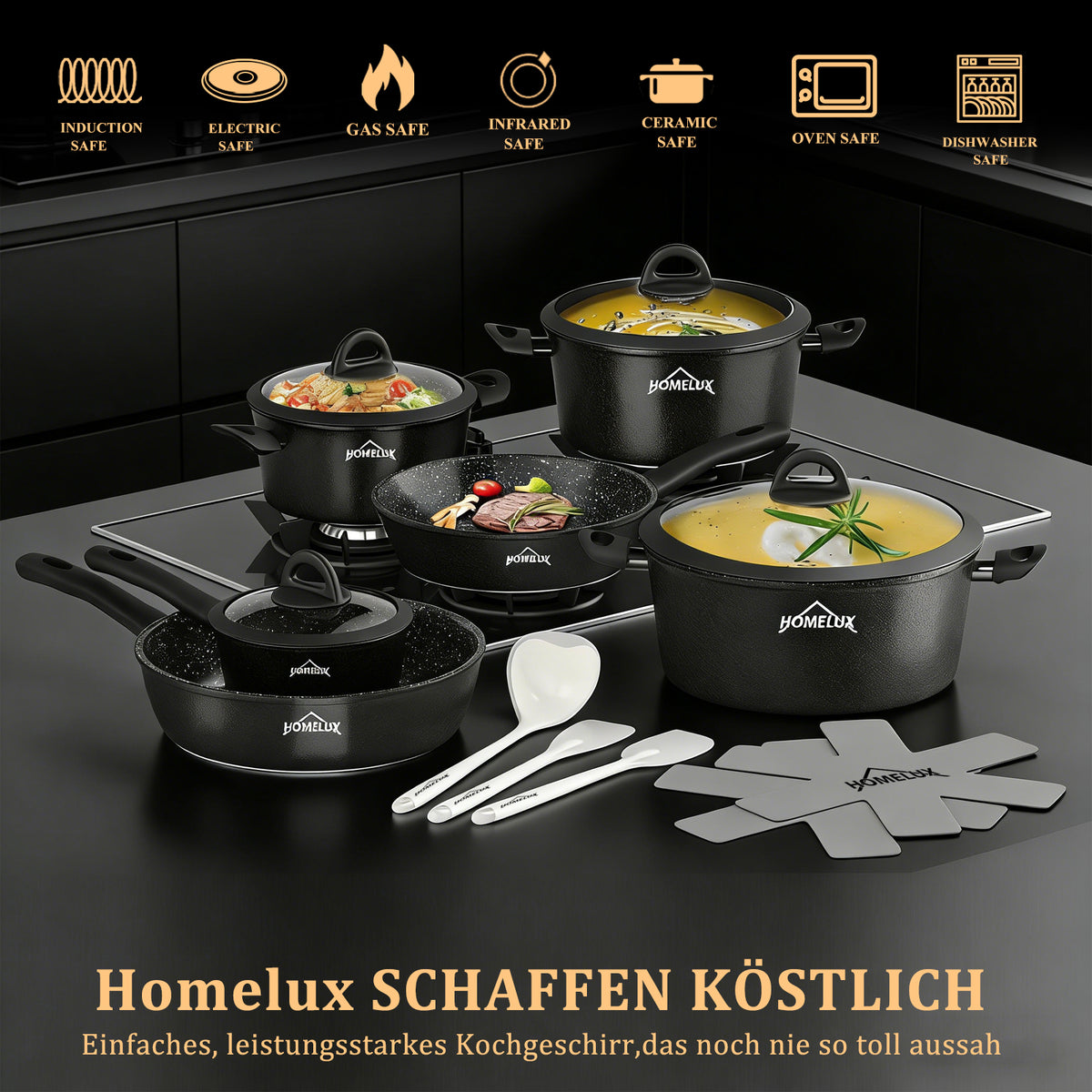 HOMELUX 15-tlg. Kochgeschirr-Set: Induktion & Backofenfest, inklusive Profi-Töpfe & Pfannen