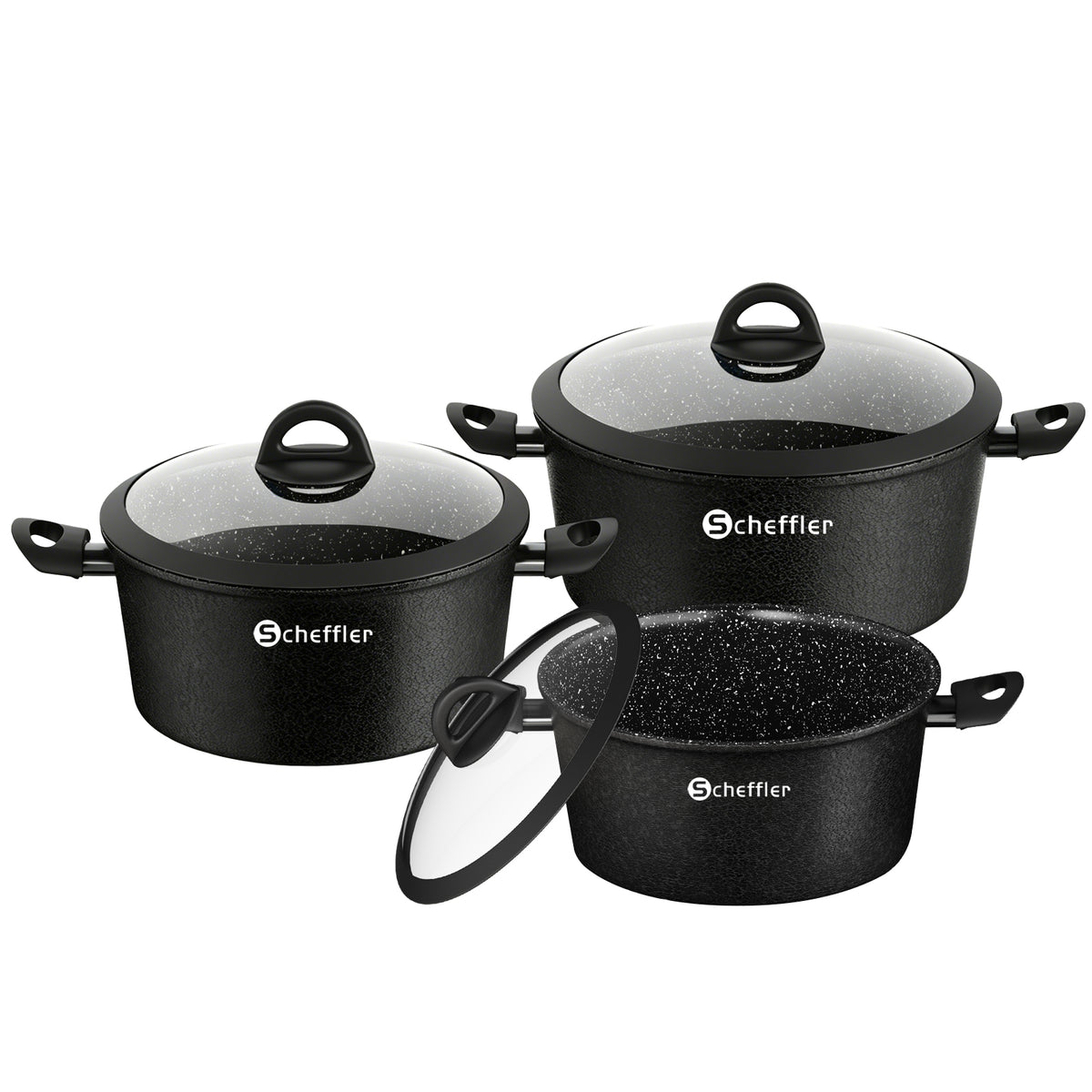 Scheffler Topfset, Induktions Töpfe Set 6-teilig, Antihaft-beschichtete Topfe, Kochtopf Set mit Glasdeckel, Spülmaschinenfest
