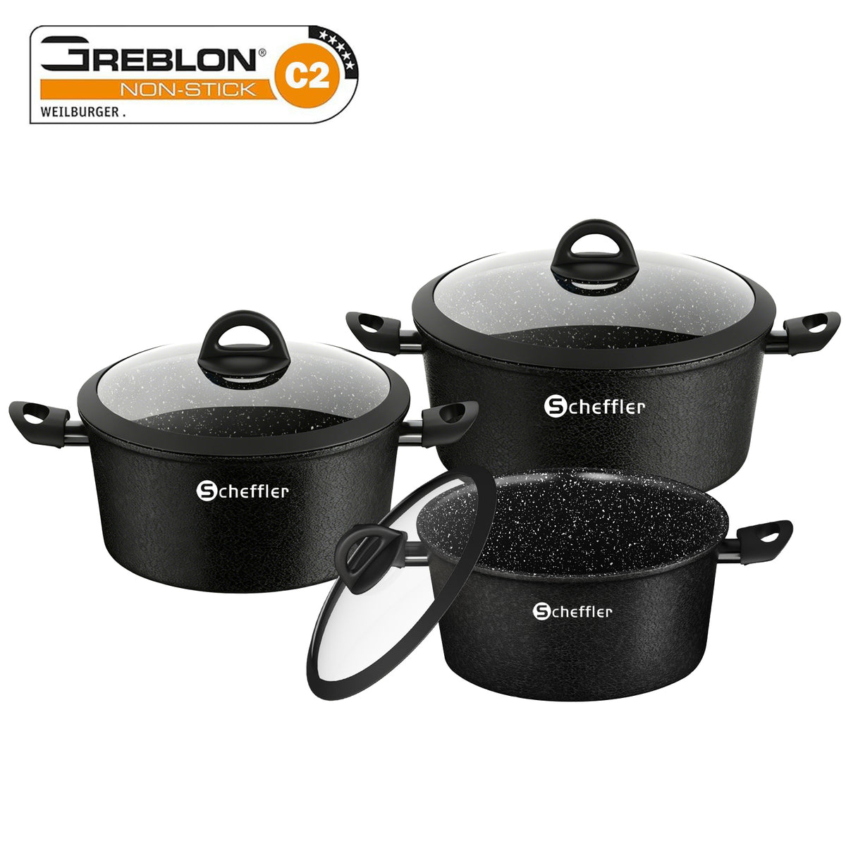 Scheffler Topfset, Induktions Töpfe Set 6-teilig, Antihaft-beschichtete Topfe, Kochtopf Set mit Glasdeckel, Spülmaschinenfest