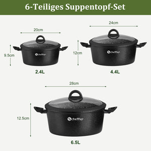 Scheffler Topfset, Induktions Töpfe Set 6-teilig, Antihaft-beschichtete Topfe, Kochtopf Set mit Glasdeckel, Spülmaschinenfest