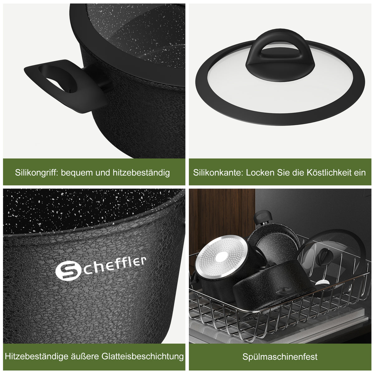 Scheffler Topfset, Induktions Töpfe Set 6-teilig, Antihaft-beschichtete Topfe, Kochtopf Set mit Glasdeckel, Spülmaschinenfest
