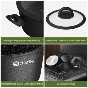 Scheffler Topfset, Induktions Töpfe Set 6-teilig, Antihaft-beschichtete Topfe, Kochtopf Set mit Glasdeckel, Spülmaschinenfest