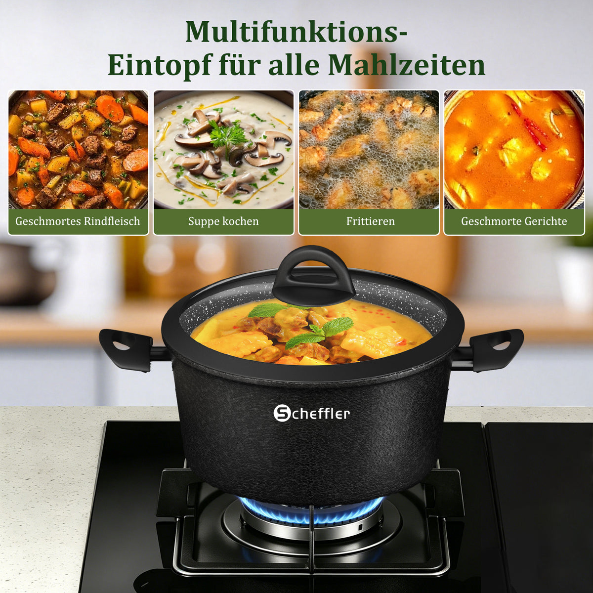 Scheffler Topfset, Induktions Töpfe Set 6-teilig, Antihaft-beschichtete Topfe, Kochtopf Set mit Glasdeckel, Spülmaschinenfest