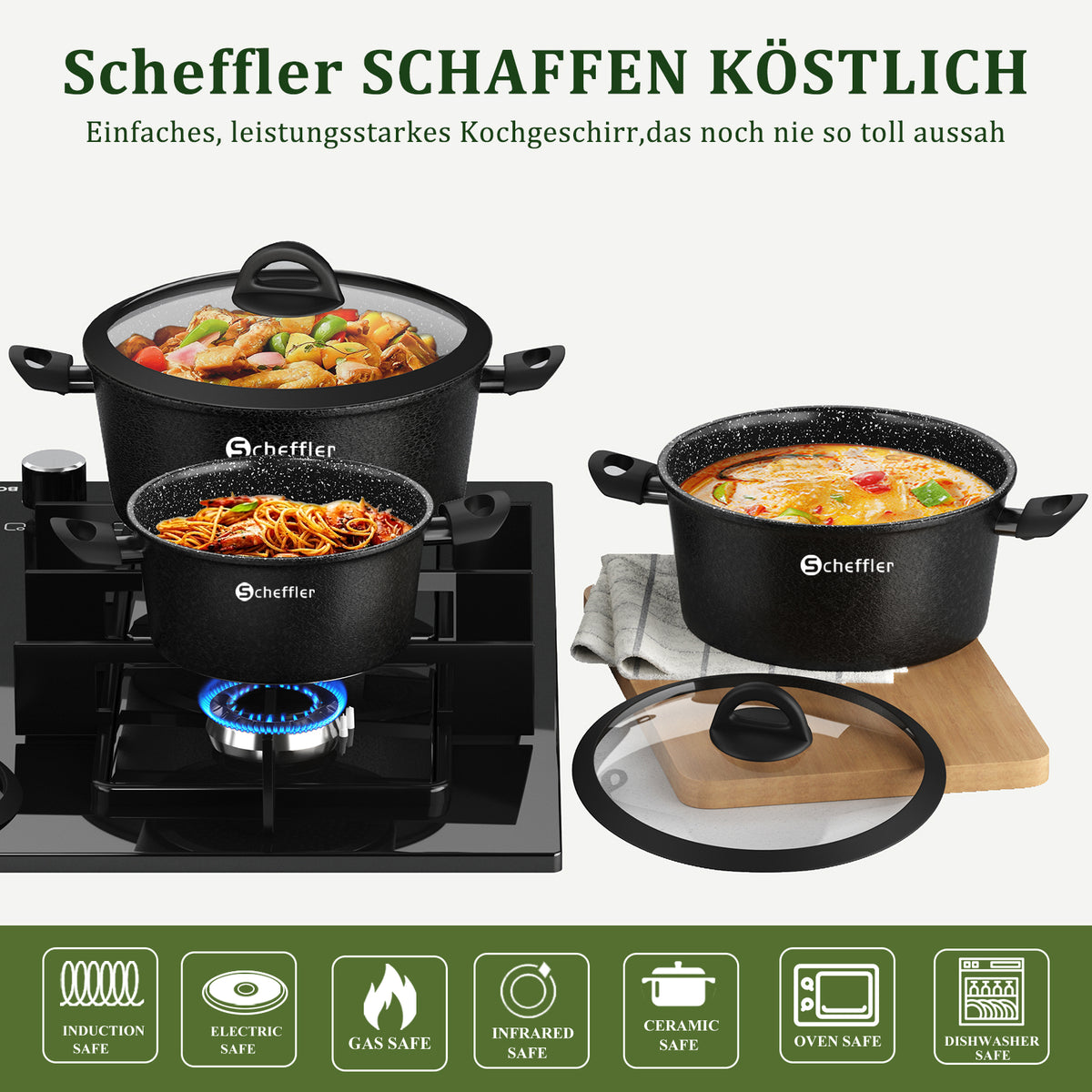 Scheffler Topfset, Induktions Töpfe Set 6-teilig, Antihaft-beschichtete Topfe, Kochtopf Set mit Glasdeckel, Spülmaschinenfest