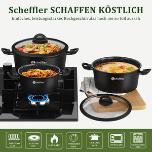 Scheffler Topfset, Induktions Töpfe Set 6-teilig, Antihaft-beschichtete Topfe, Kochtopf Set mit Glasdeckel, Spülmaschinenfest