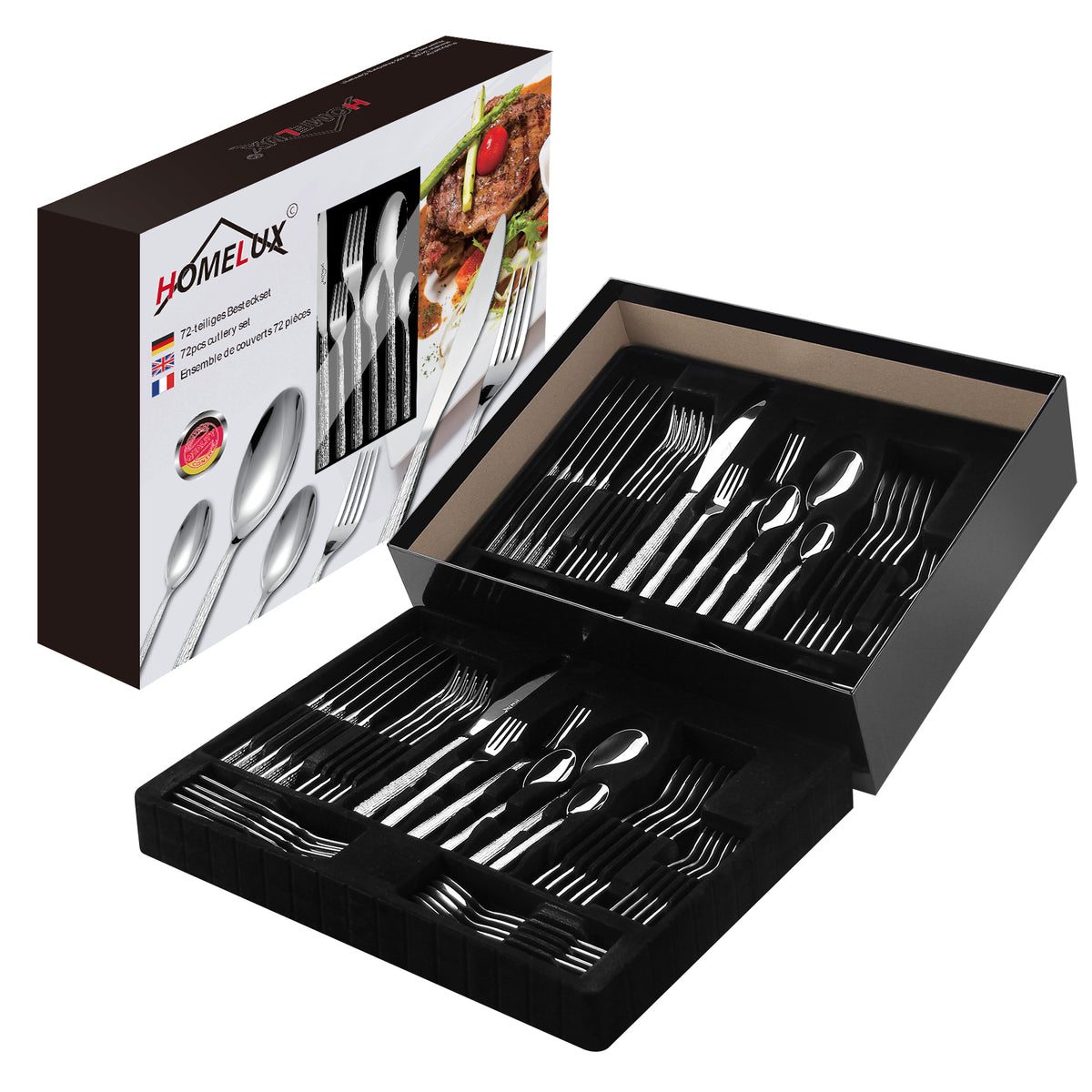 HOMELUX 72-teiliges Besteckset für 12 Personen, Edelstahl Tafelbesteck, Gehämmertes Design, Spülmaschinenfest