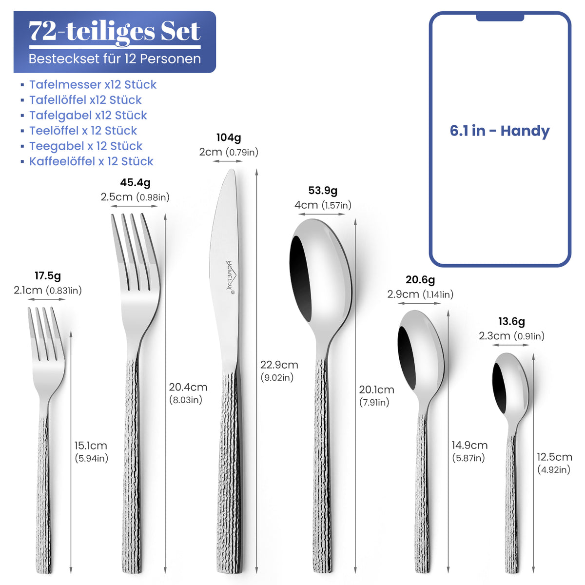 HOMELUX 72-teiliges Besteckset für 12 Personen, Edelstahl Tafelbesteck, Gehämmertes Design, Spülmaschinenfest