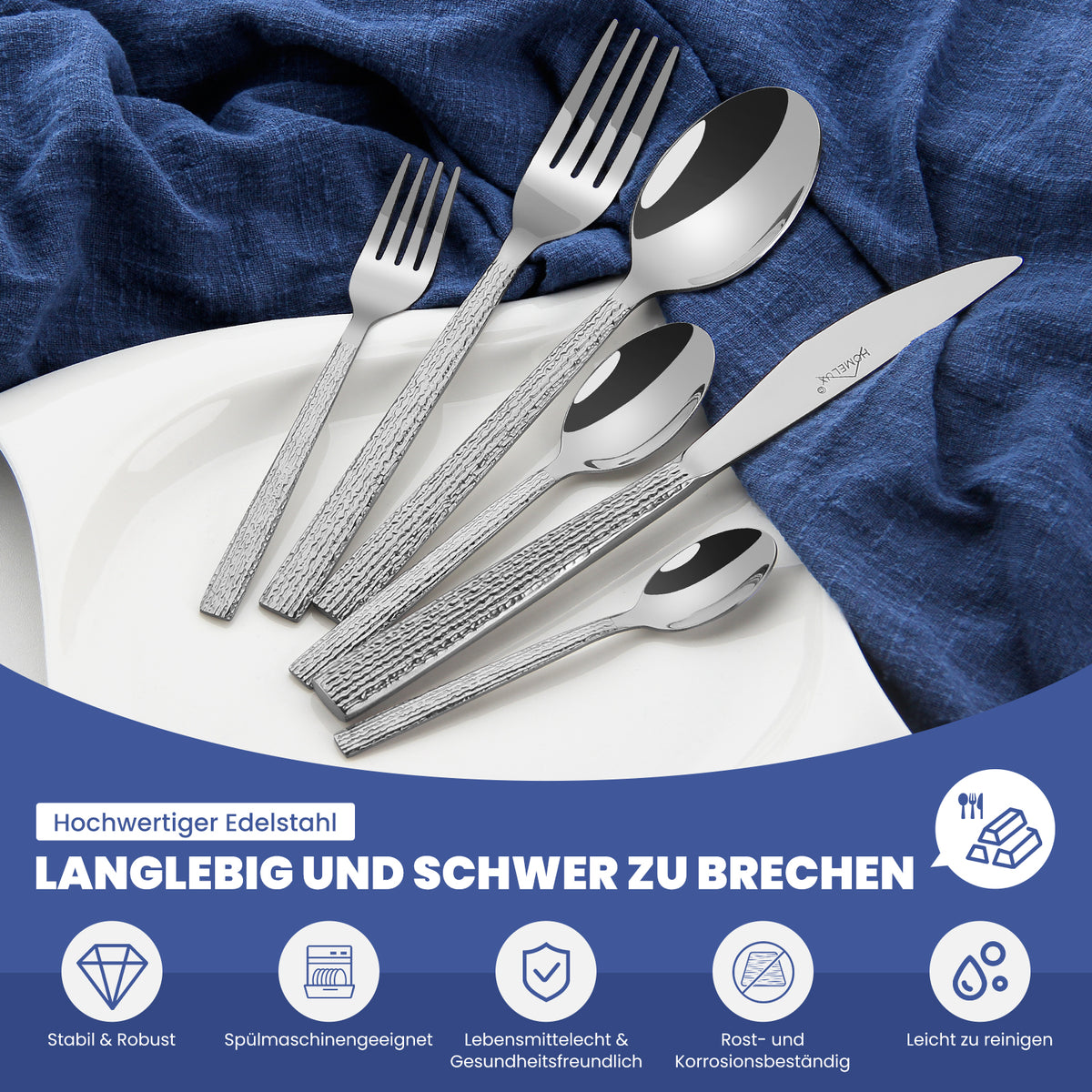 HOMELUX 72-teiliges Besteckset für 12 Personen, Edelstahl Tafelbesteck, Gehämmertes Design, Spülmaschinenfest