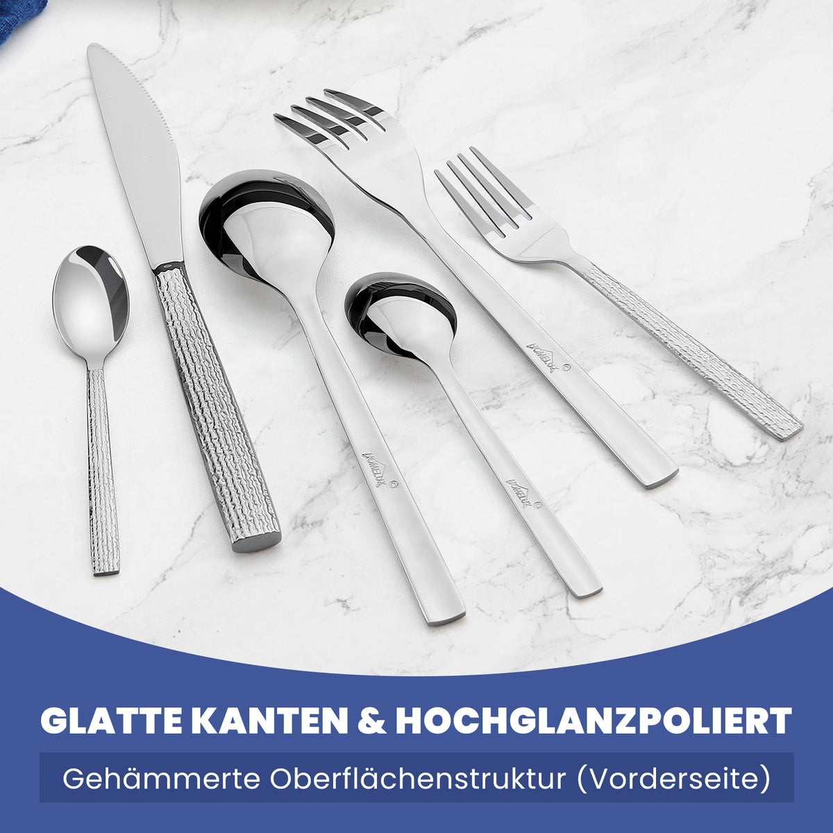 HOMELUX 72-teiliges Besteckset für 12 Personen, Edelstahl Tafelbesteck, Gehämmertes Design, Spülmaschinenfest