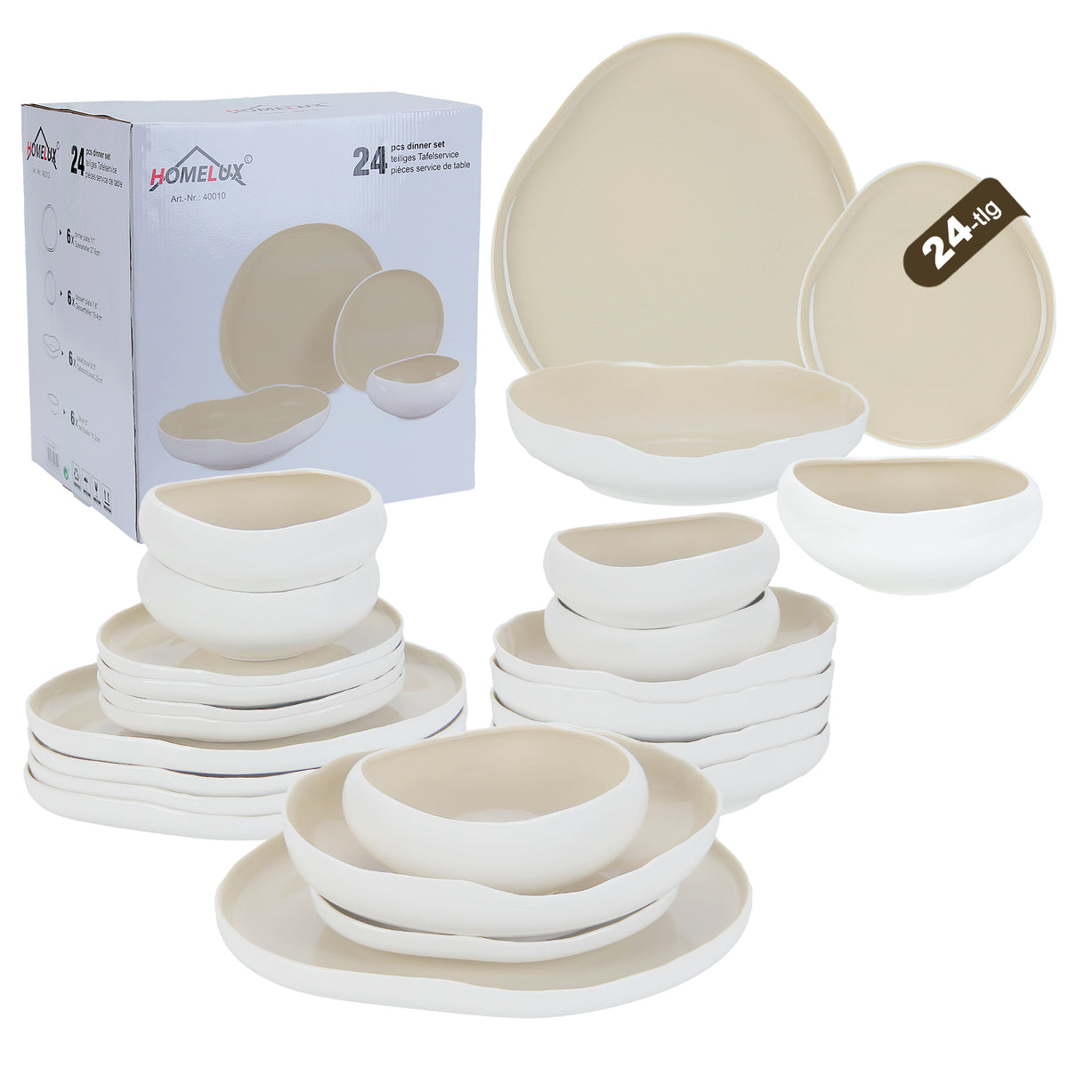 HOMELUX 24-teiliges Porzellan-Tafelservice für 6 Personen, modernes, weißes Geschirrset in asymmetrischer Form, spülmaschinenfest