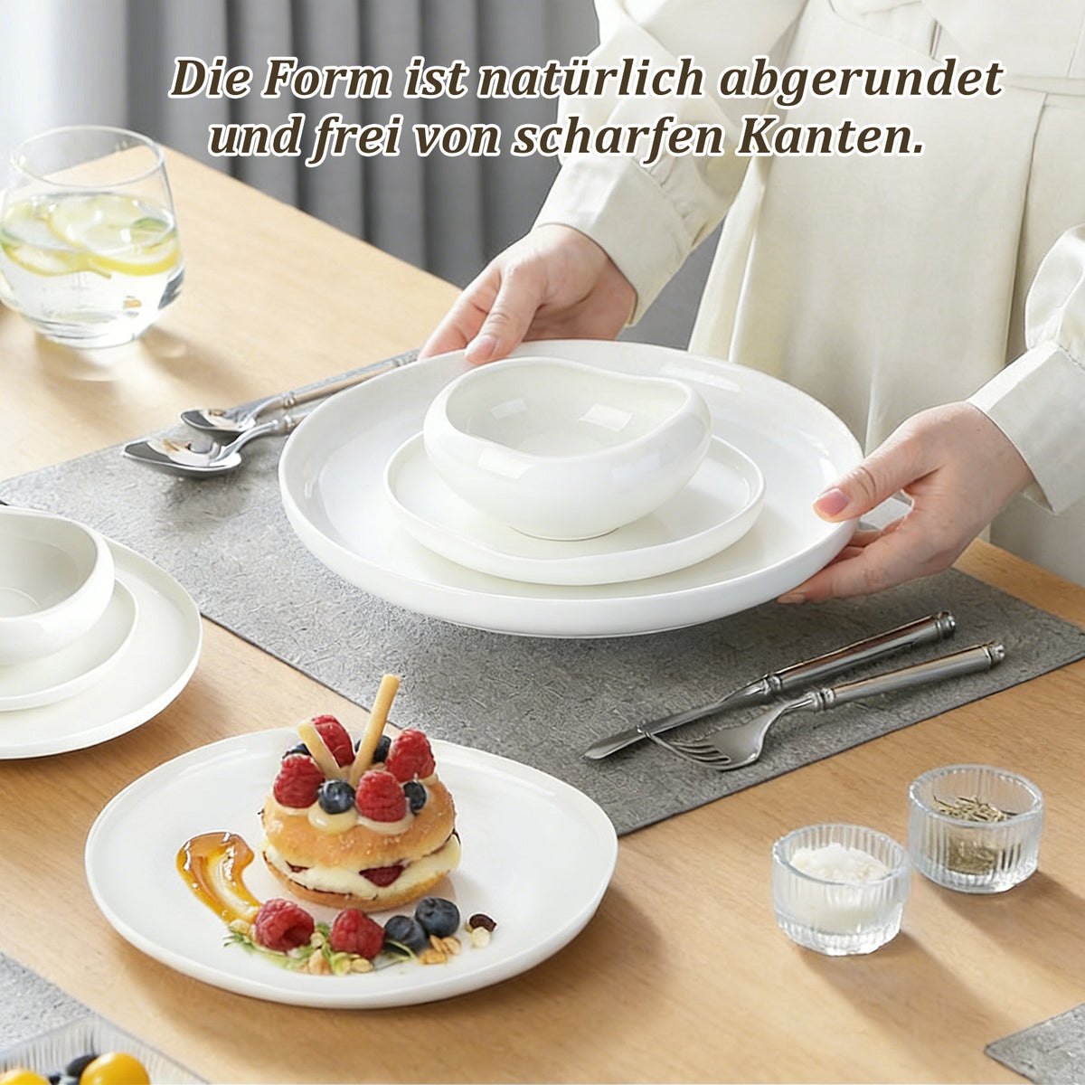 HOMELUX 24-teiliges Porzellan-Tafelservice für 6 Personen, modernes, weißes Geschirrset in asymmetrischer Form, spülmaschinenfest