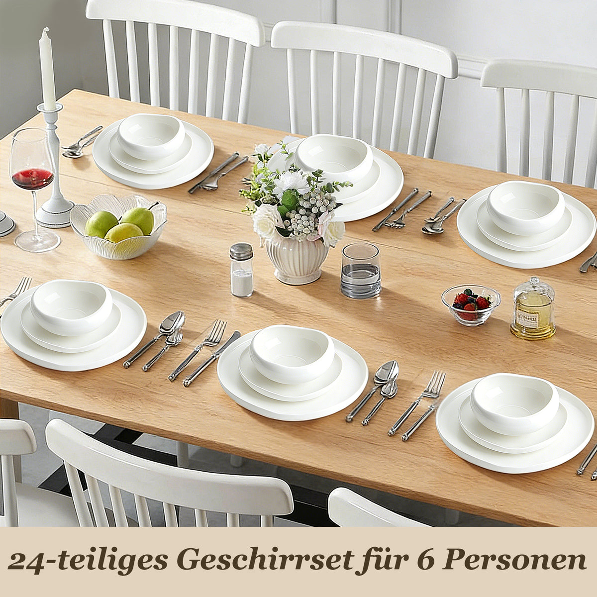 HOMELUX 24-teiliges Porzellan-Tafelservice für 6 Personen, modernes, weißes Geschirrset in asymmetrischer Form, spülmaschinenfest