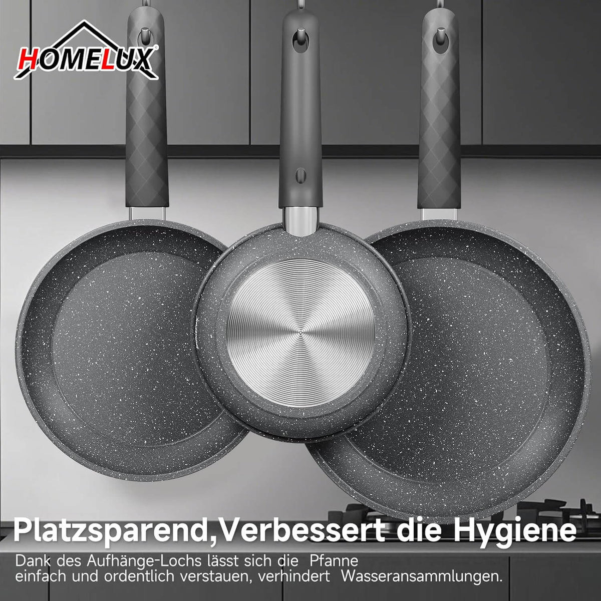 HOMELUX 3-tlg. Pfannenset Bratpfanne Ø20/24/28cm, beschichtete Pfannen mit Marmorbeschichtung, Induktion Pfanne, Pfannen für alle Herdarten, Grau
