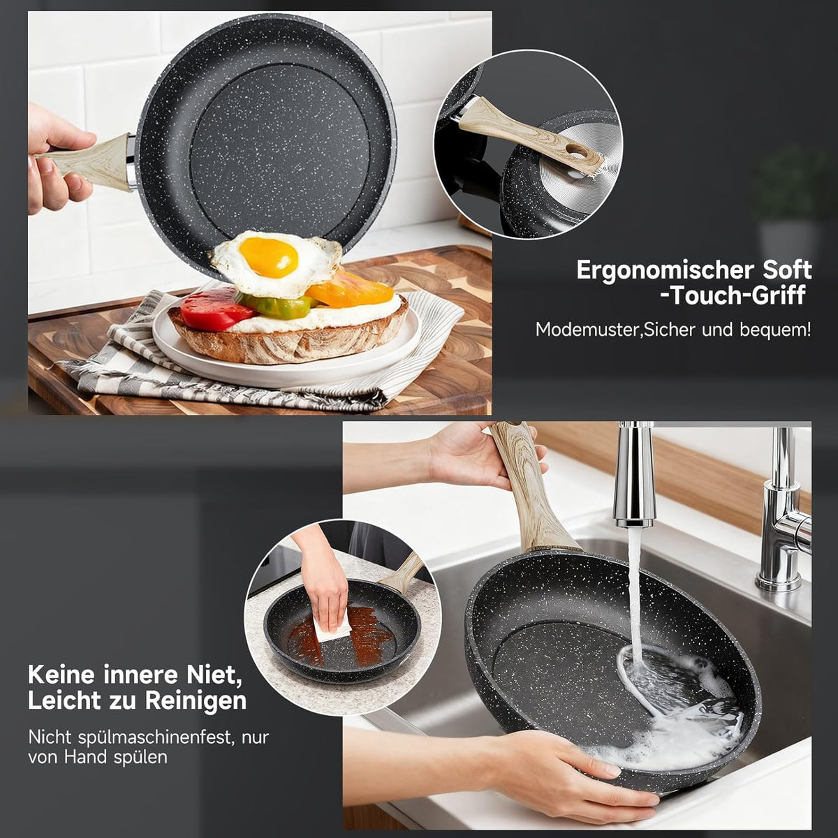 HOMELUX Pfannenset 3-teilig 20/24/28 cm, Antihaft Bratpfannen aus Kohlenstoffstahl mit Holzgriff, induktionsgeeignet