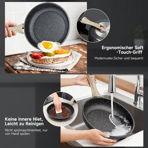 HOMELUX Pfannenset 3-teilig 20/24/28 cm, Antihaft Bratpfannen aus Kohlenstoffstahl mit Holzgriff, induktionsgeeignet