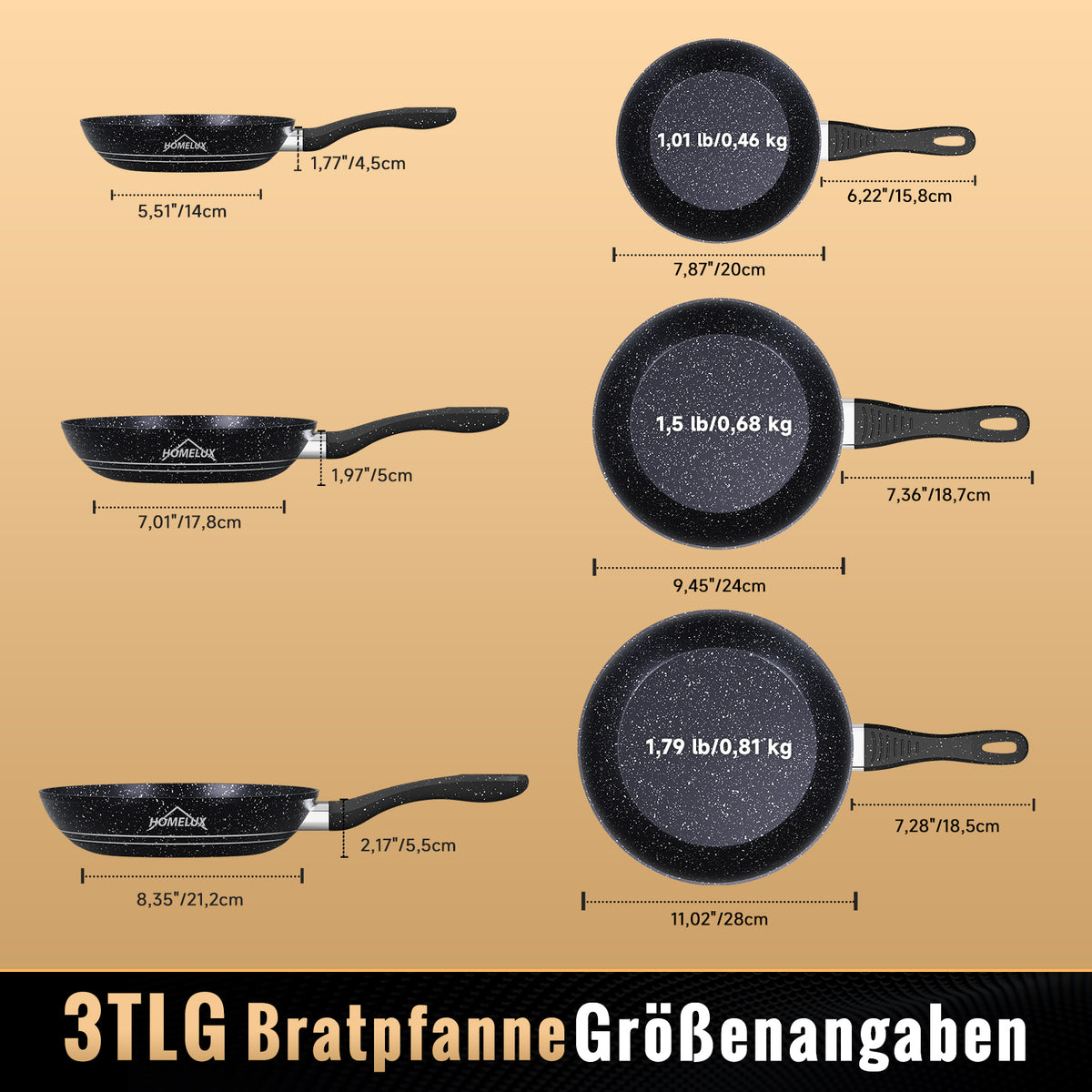 HOMELUX 3-teiliges Bratpfannen-Set Ø20/24/28cm, kratzfeste Antihaftbeschichtung, Induktion, für alle Herdarten geeignet