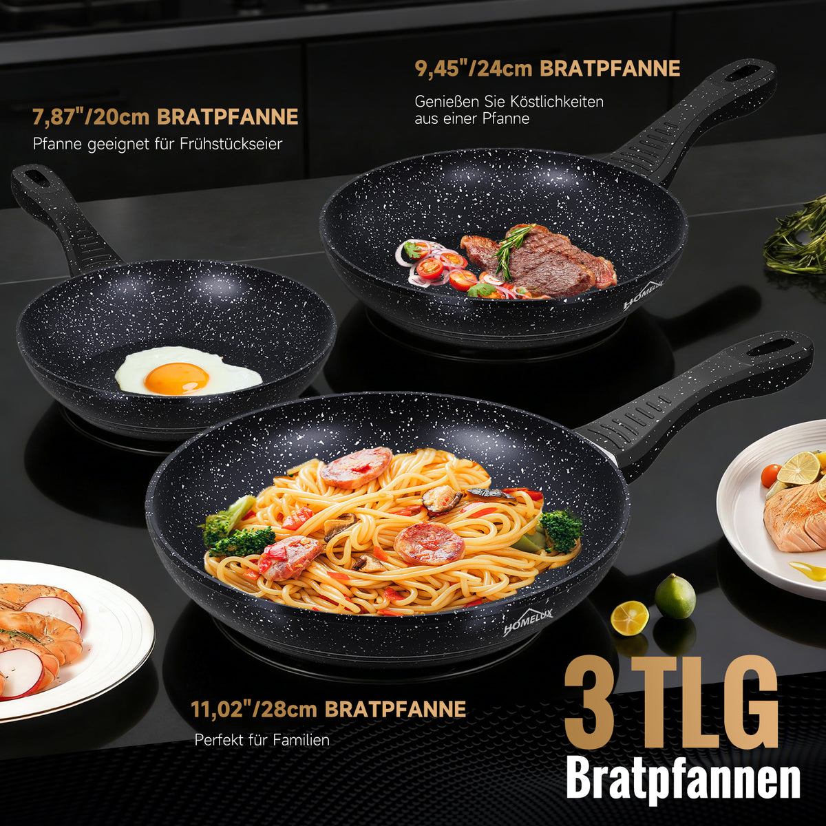 HOMELUX 3-teiliges Bratpfannen-Set Ø20/24/28cm, kratzfeste Antihaftbeschichtung, Induktion, für alle Herdarten geeignet