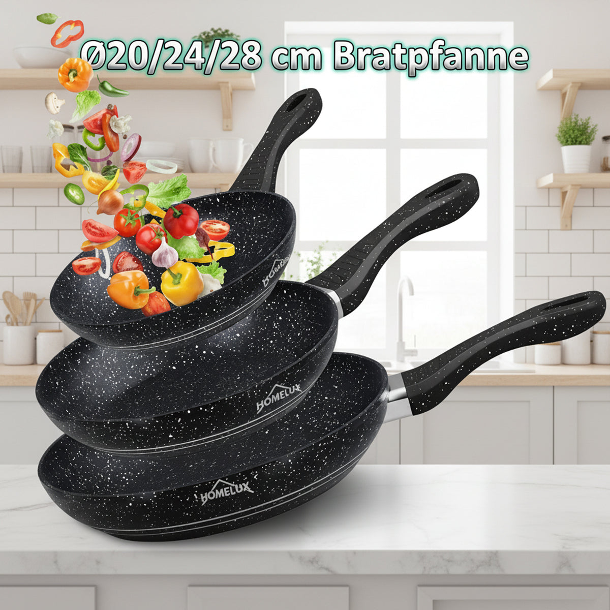 HOMELUX 3-teiliges Bratpfannen-Set Ø20/24/28cm, kratzfeste Antihaftbeschichtung, Induktion, für alle Herdarten geeignet