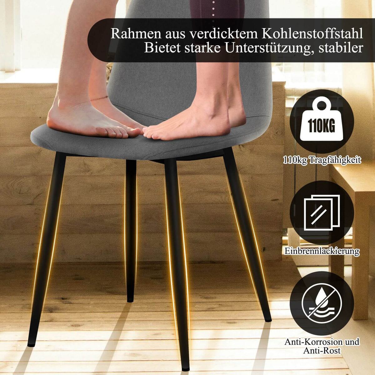 Stabiler Esszimmerstuhl mit Metallstütze in Grau