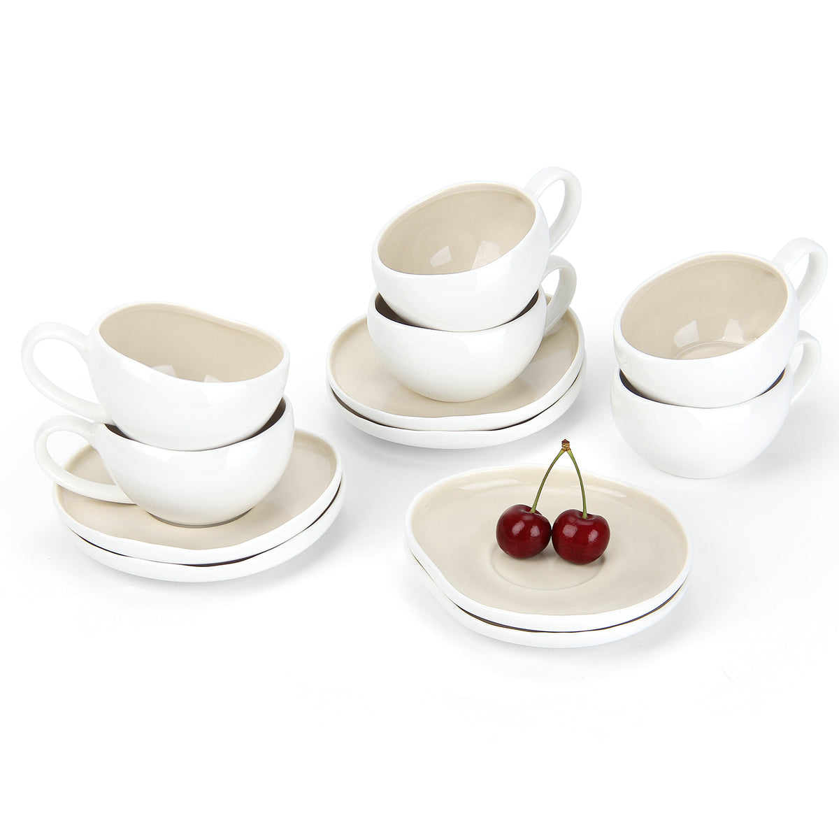 6-teiliges Keramik Espressotassen-Set mit Untertassen, gewelltes Design, Weiß/Creme