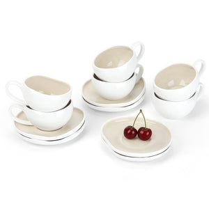 6-teiliges Keramik Espressotassen-Set mit Untertassen, gewelltes Design, Weiß/Creme