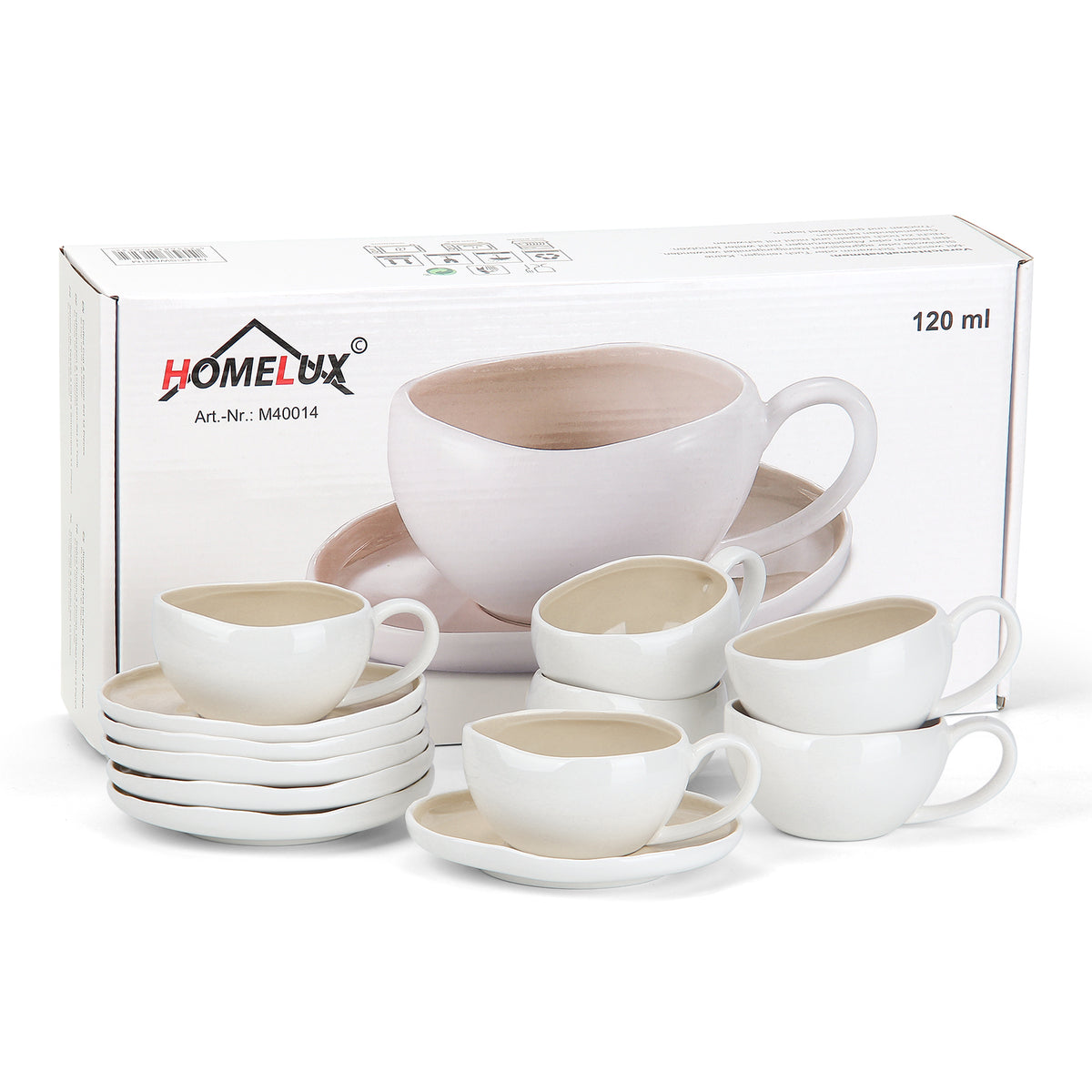 6-teiliges Keramik Espressotassen-Set mit Untertassen, gewelltes Design, Weiß/Creme