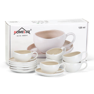 6-teiliges Keramik Espressotassen-Set mit Untertassen, gewelltes Design, Weiß/Creme