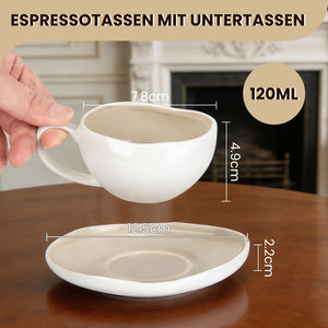 6-teiliges Keramik Espressotassen-Set mit Untertassen, gewelltes Design, Weiß/Creme
