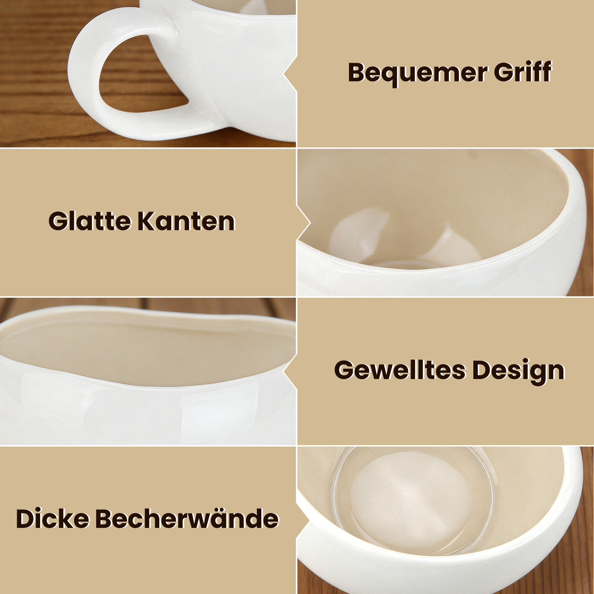 6-teiliges Keramik Espressotassen-Set mit Untertassen, gewelltes Design, Weiß/Creme