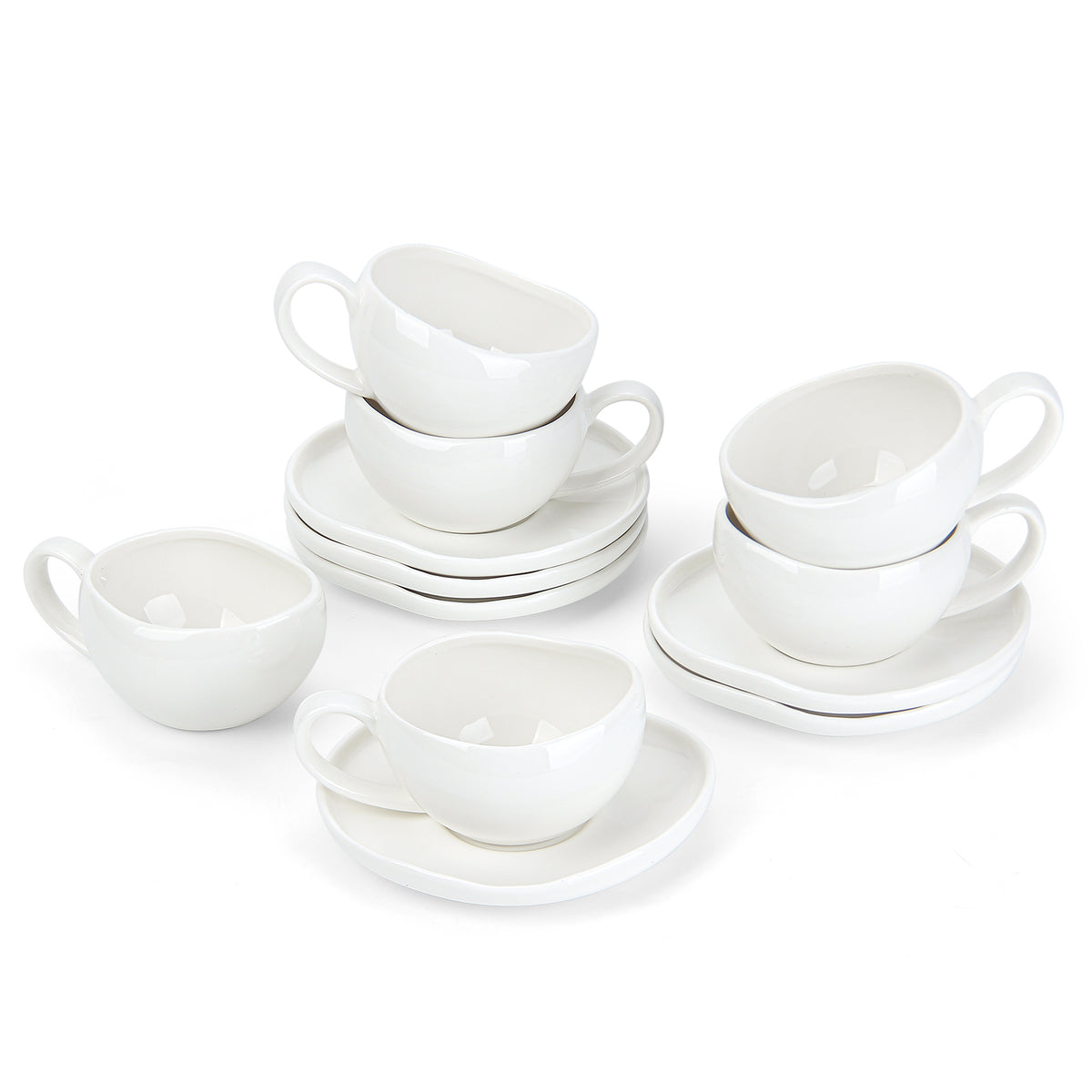 6-teiliges Keramik Espressotassen-Set mit Untertassen, gewelltes Design, Weiß/Creme