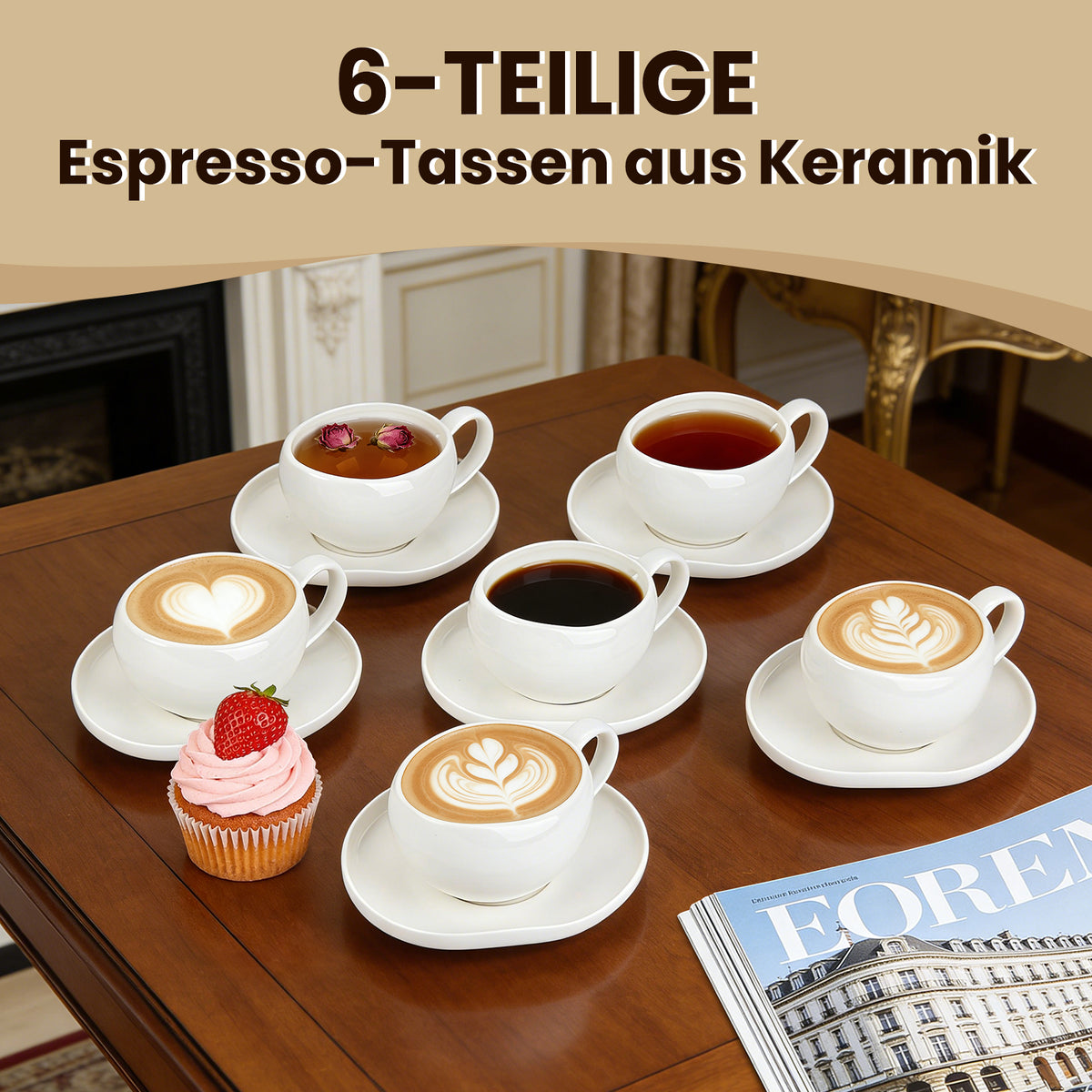 6-teiliges Keramik Espressotassen-Set mit Untertassen, gewelltes Design, Weiß/Creme