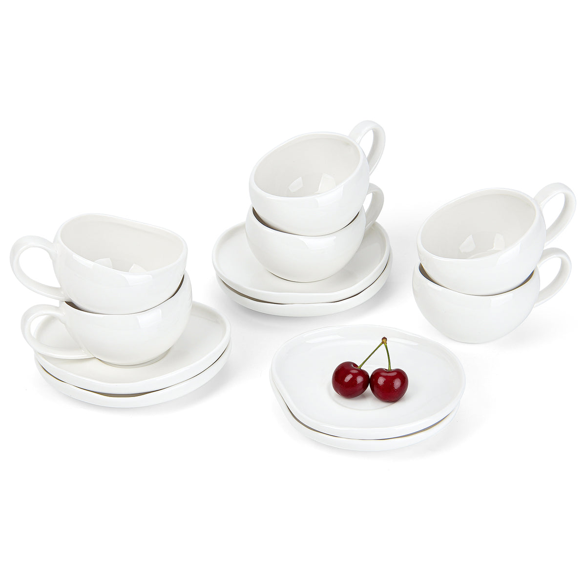 6-teiliges Keramik Espressotassen-Set mit Untertassen, gewelltes Design, Weiß/Creme