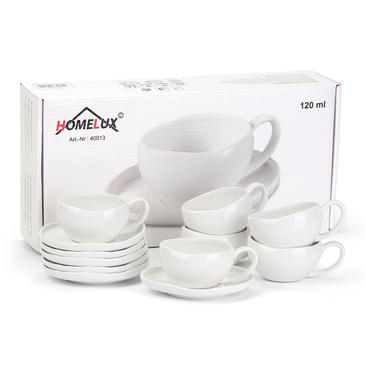 6-teiliges Keramik Espressotassen-Set mit Untertassen, gewelltes Design, Weiß/Creme