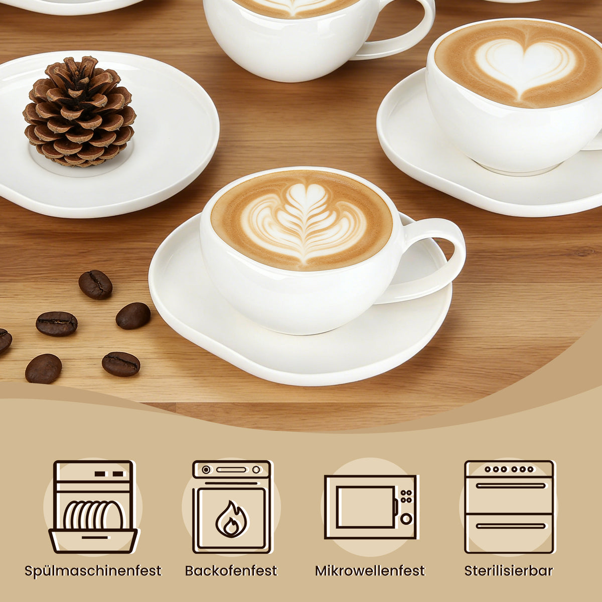 6-teiliges Keramik Espressotassen-Set mit Untertassen, gewelltes Design, Weiß/Creme