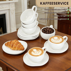 6-teiliges Keramik Espressotassen-Set mit Untertassen, gewelltes Design, Weiß/Creme