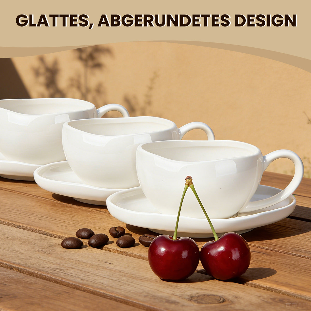 6-teiliges Keramik Espressotassen-Set mit Untertassen, gewelltes Design, Weiß/Creme