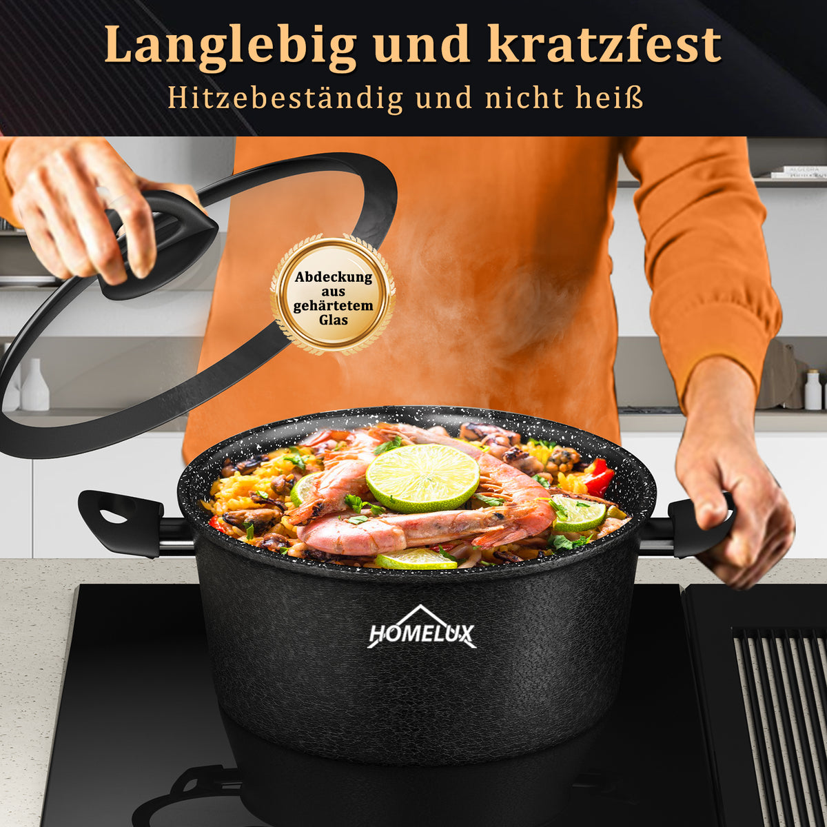 HOMELUX 6-teiliges Kochgeschirr-Set aus Hartaluminium, Antihaftbeschichtung, Glasdeckel, Induktion & alle Herdarten