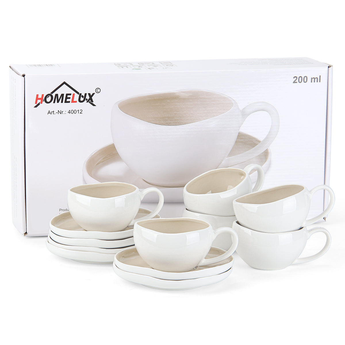 6-teiliges Keramik Cappuccinotassen Set mit Untertassen (200ml), gewelltes Design, Weiß/Creme, spülmaschinen- & mikrowellenfest