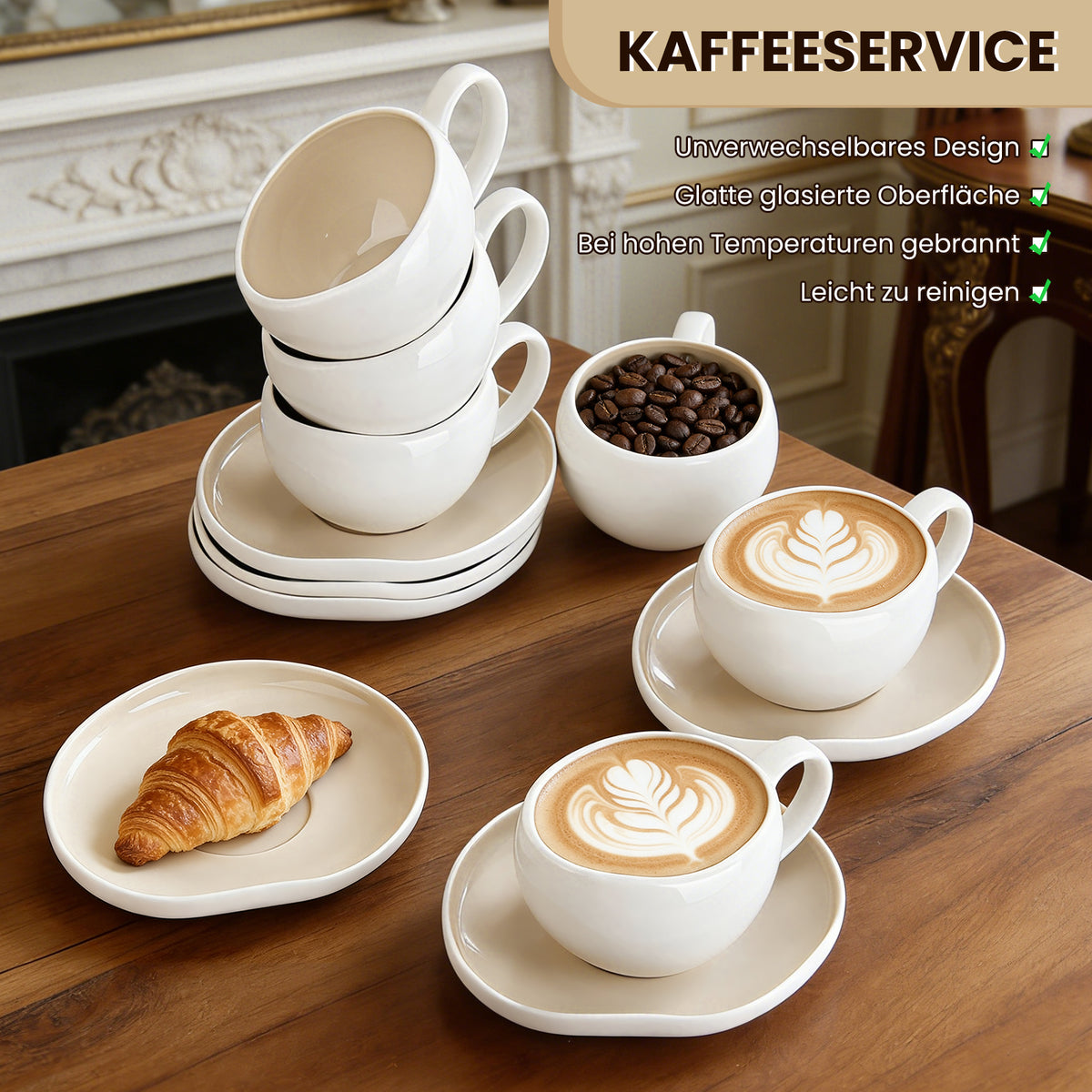 6-teiliges Keramik Cappuccinotassen Set mit Untertassen (200ml), gewelltes Design, Weiß/Creme, spülmaschinen- & mikrowellenfest