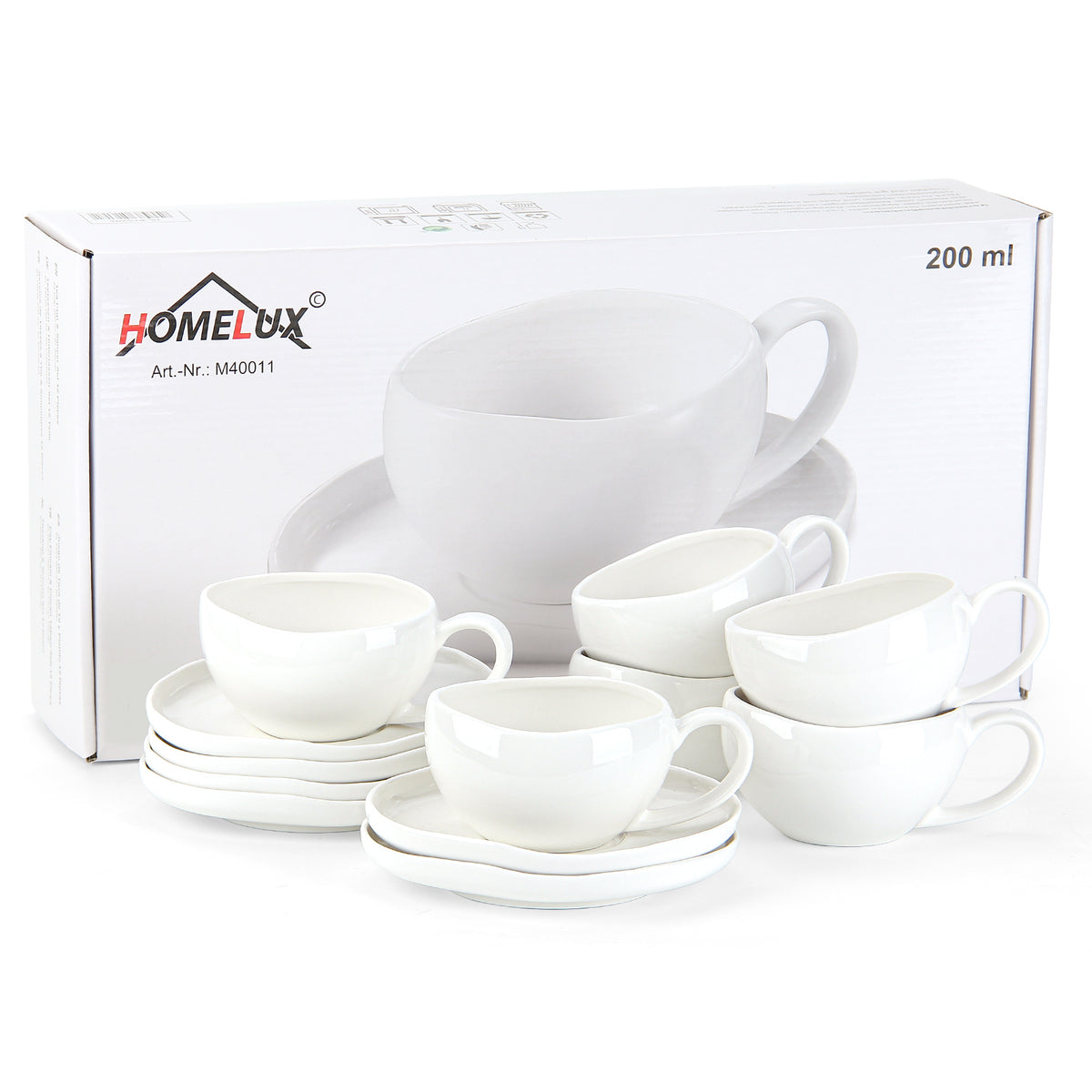 6-teiliges Keramik Cappuccinotassen Set mit Untertassen (200ml), gewelltes Design, Weiß/Creme, spülmaschinen- & mikrowellenfest
