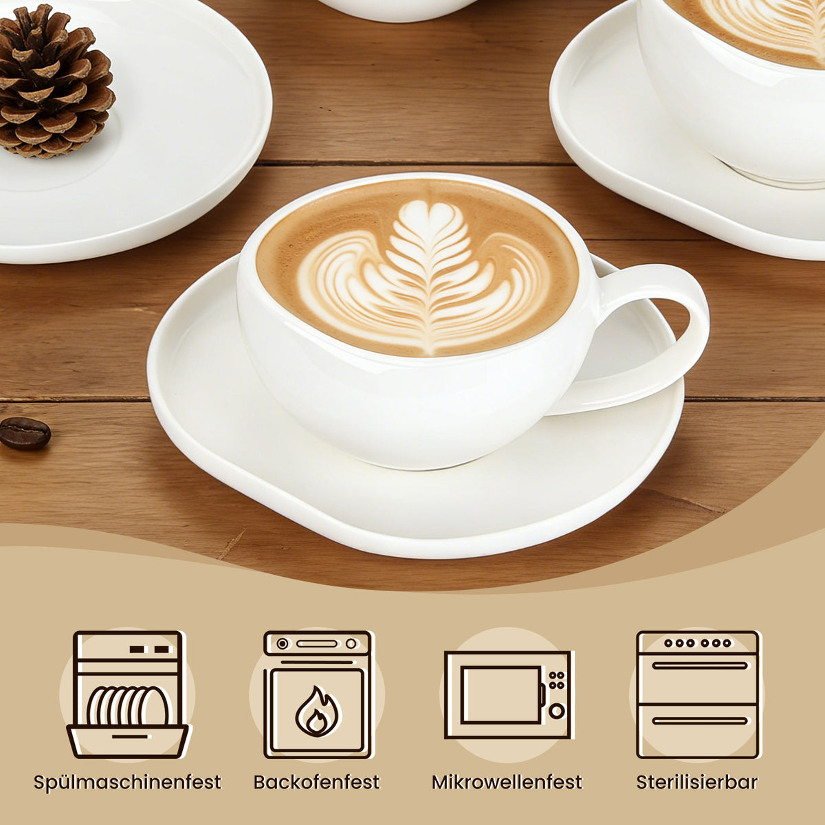 6-teiliges Keramik Cappuccinotassen Set mit Untertassen (200ml), gewelltes Design, Weiß/Creme, spülmaschinen- & mikrowellenfest